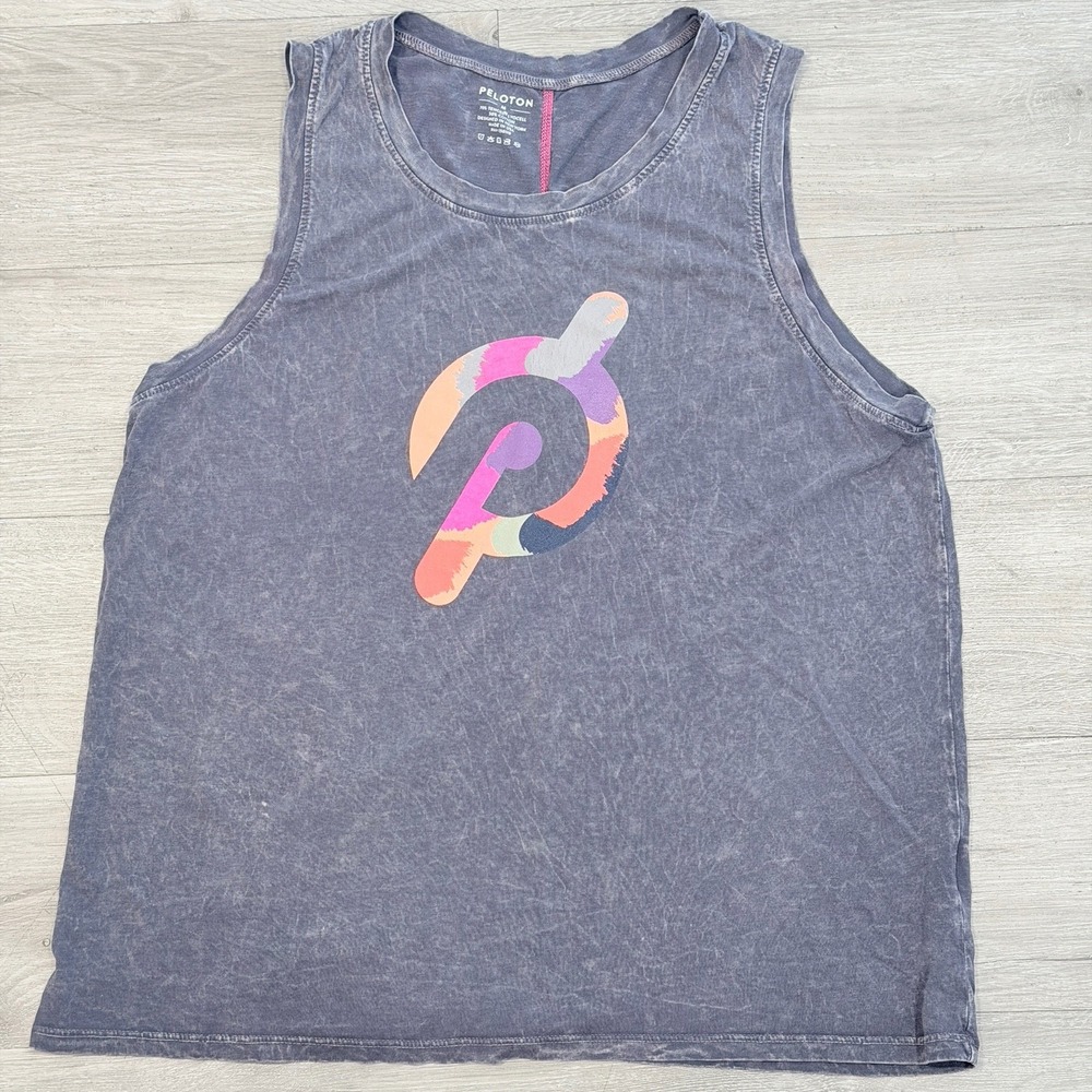 Pelaton Womens Tank Top M Gray Acid Wash Multicolor Logo Tencel Cotton Cycling